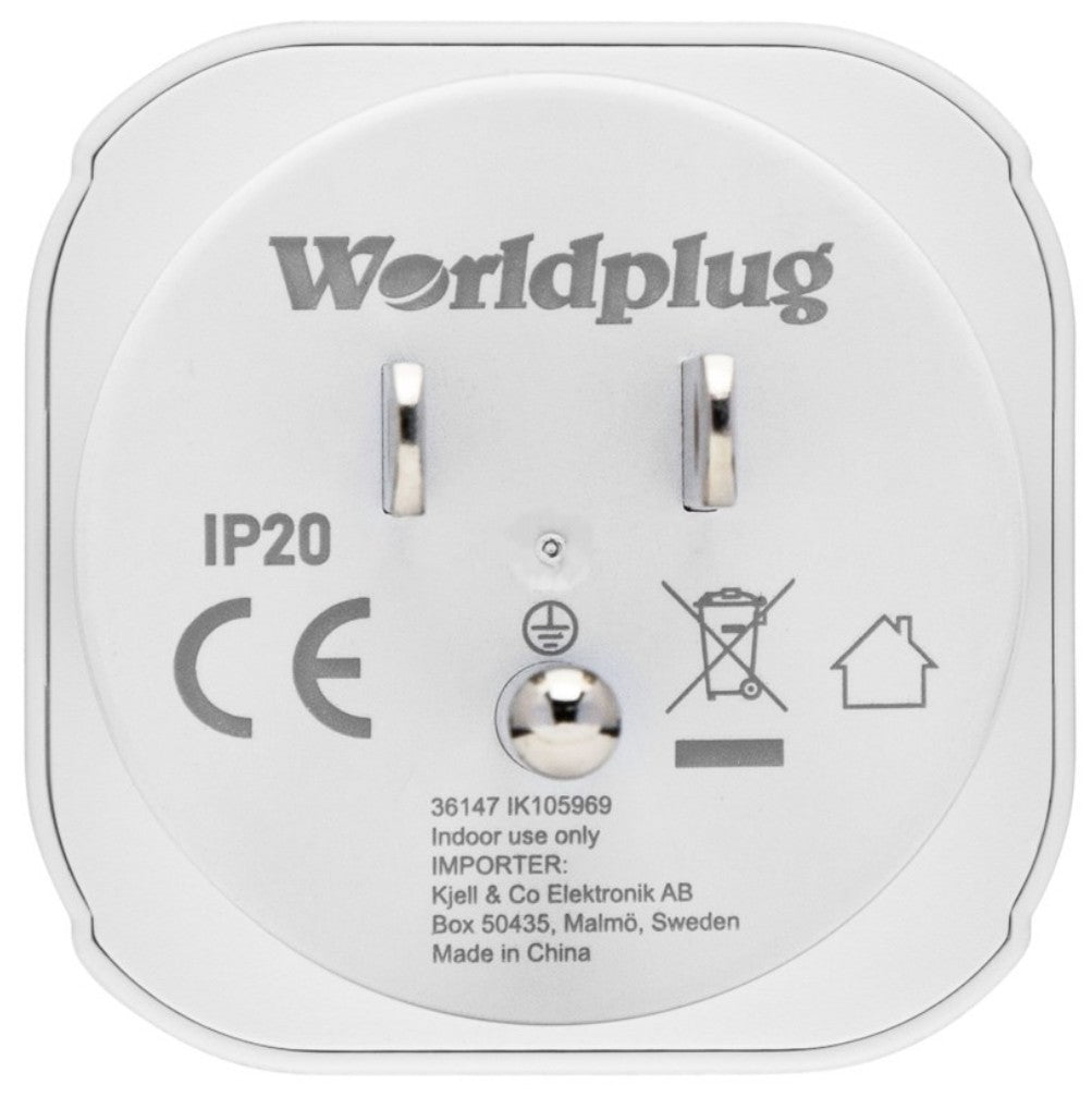 Luxorparts rejseadapter USA Worldplug Type B med to metalben, certifikationssymboler og producentinfo på forsiden.