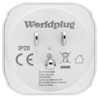 Luxorparts rejseadapter USA Worldplug Type B med to metalben, certifikationssymboler og producentinfo på forsiden.