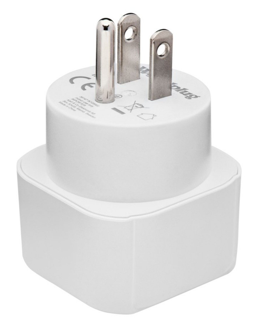 Luxorparts rejseadapter USA, hvid, US type B stik med tre ben og europæisk sokkel, CE-mærket.
