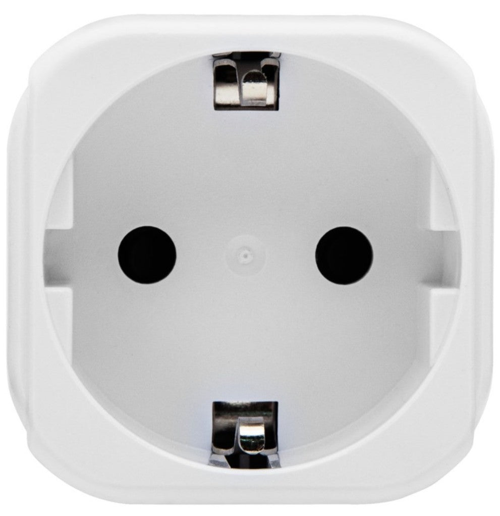 Europæisk stik i firkantet ramme med to runde huller og jord, kompatibel med rejseadapter USA til type B strømstik.