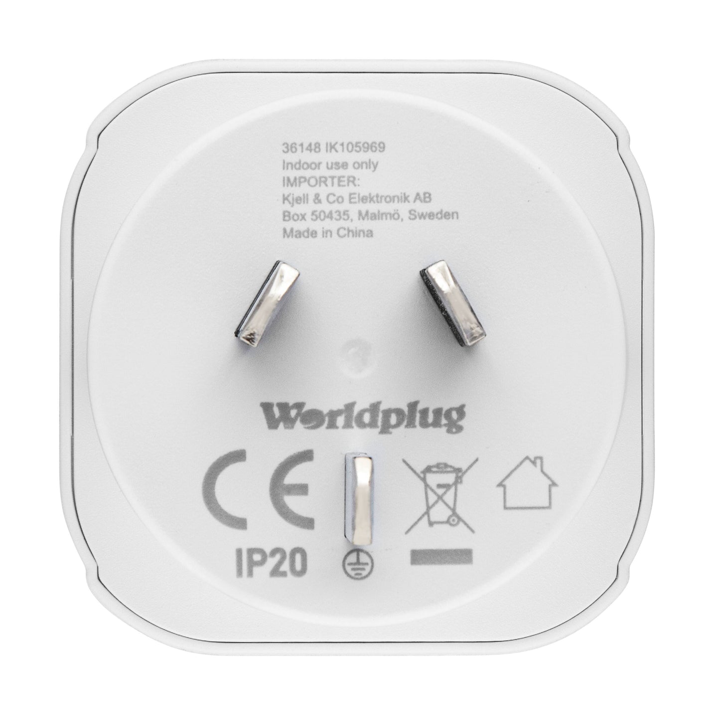 Jordet rejseadapter Australien/Kina, hvid, tre skrå ben, "Worldplug"-label, certifikationsmærker, produceret i Kina.