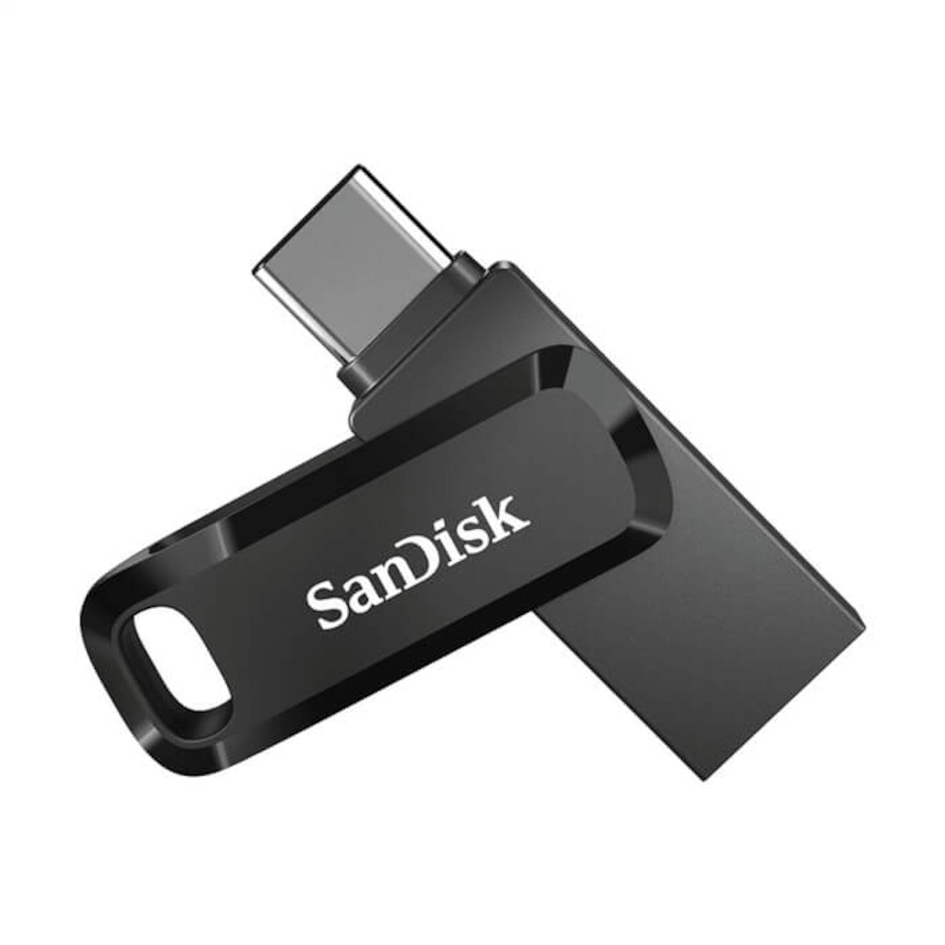 Sandisk Ultra Dual Drive Go USB-nøgle 256GB sort med USB-C og drejelig hætte, hvidt Sandisk-logo på coveret.