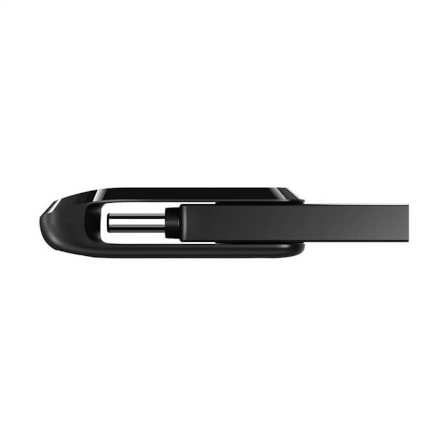 Sort smartwatch med sort rem fra siden, urkasse og remfæste synlige samt Sandisk Ultra Dual Drive Go USB-C 256 GB vises.