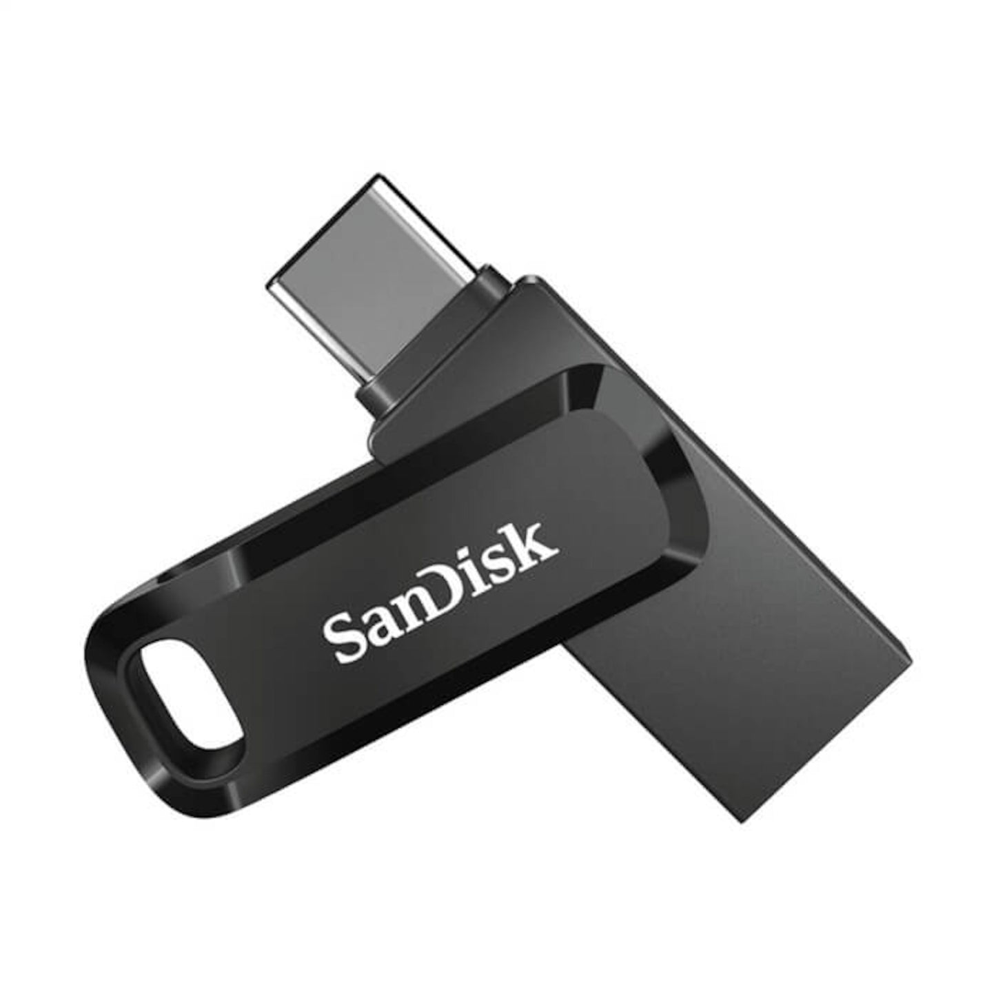 Sandisk Ultra Dual Drive Go USB-stick 64GB, sort, USB-C, drejeligt cover, synligt USB-C stik og hvidt Sandisk-logo.