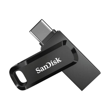 Sandisk Ultra Dual Drive Go USB-stick 64GB, sort, USB-C, drejeligt cover, synligt USB-C stik og hvidt Sandisk-logo.