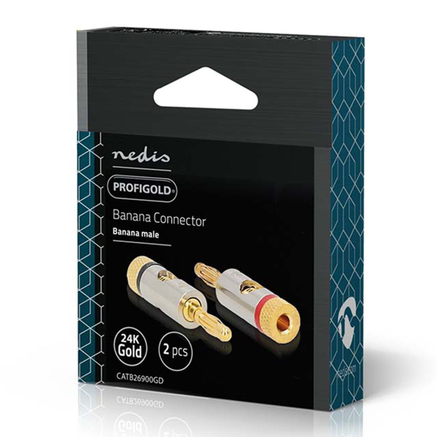 Nedis Bananstik 2-pak, guldbelagt hanstik med sorte og røde ringe, æske markeret med 24K forgyldning.