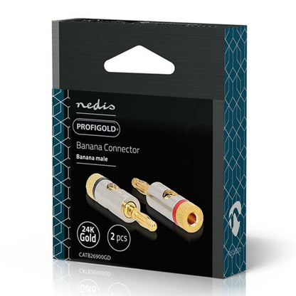 Nedis Bananstik 2-pak, guldbelagt hanstik med sorte og røde ringe, æske markeret med 24K forgyldning.