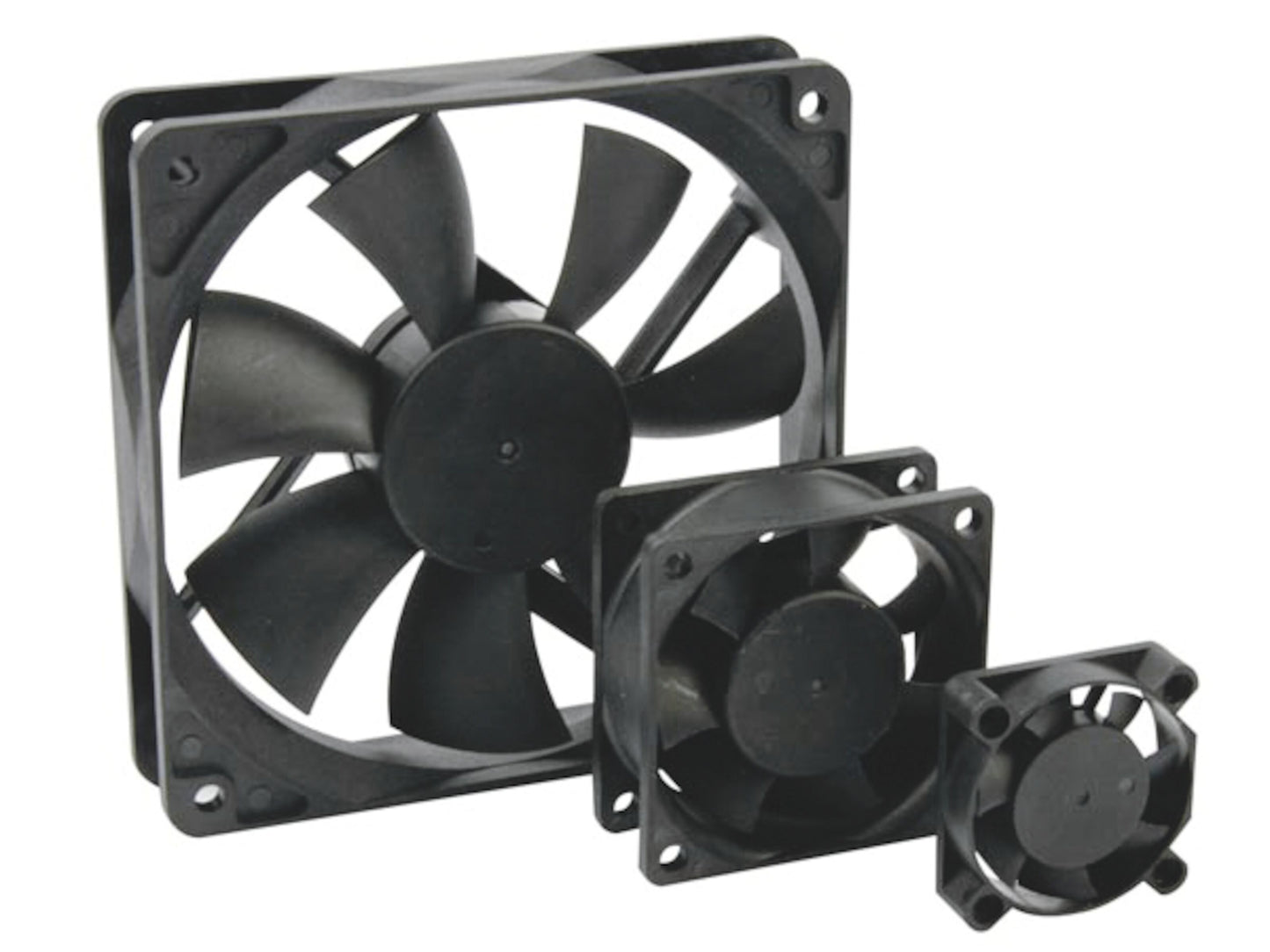 Sort aksialblæser 12 V, 80x80x25 mm med firkantet ramme og flere blade, vises i forskellige størrelser.
