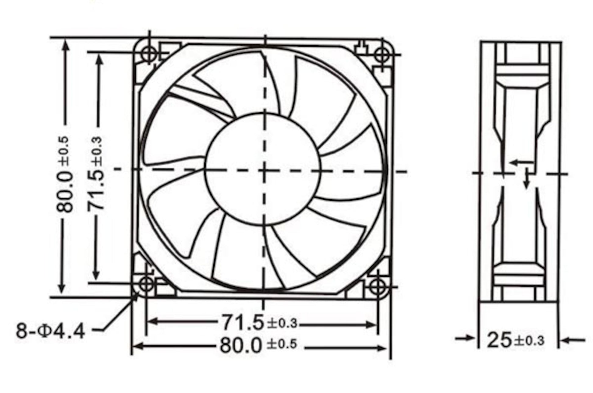 Velleman aksialblæser 12 V 80x80x25 mm teknisk tegning med front- og sidevisning, mål, markerede monteringshuller.