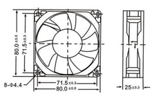Velleman aksialblæser 12 V 80x80x25 mm teknisk tegning med front- og sidevisning, mål, markerede monteringshuller.