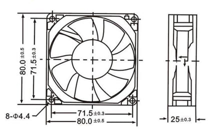 Velleman aksialblæser 12 V 80x80x25 mm teknisk tegning med front- og sidevisning, mål, markerede monteringshuller.