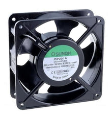Velleman aksialventilator sort 230 V 120 mm aluminiumsramme model DP201A grøn/hvid label tekniske specs Made in China.