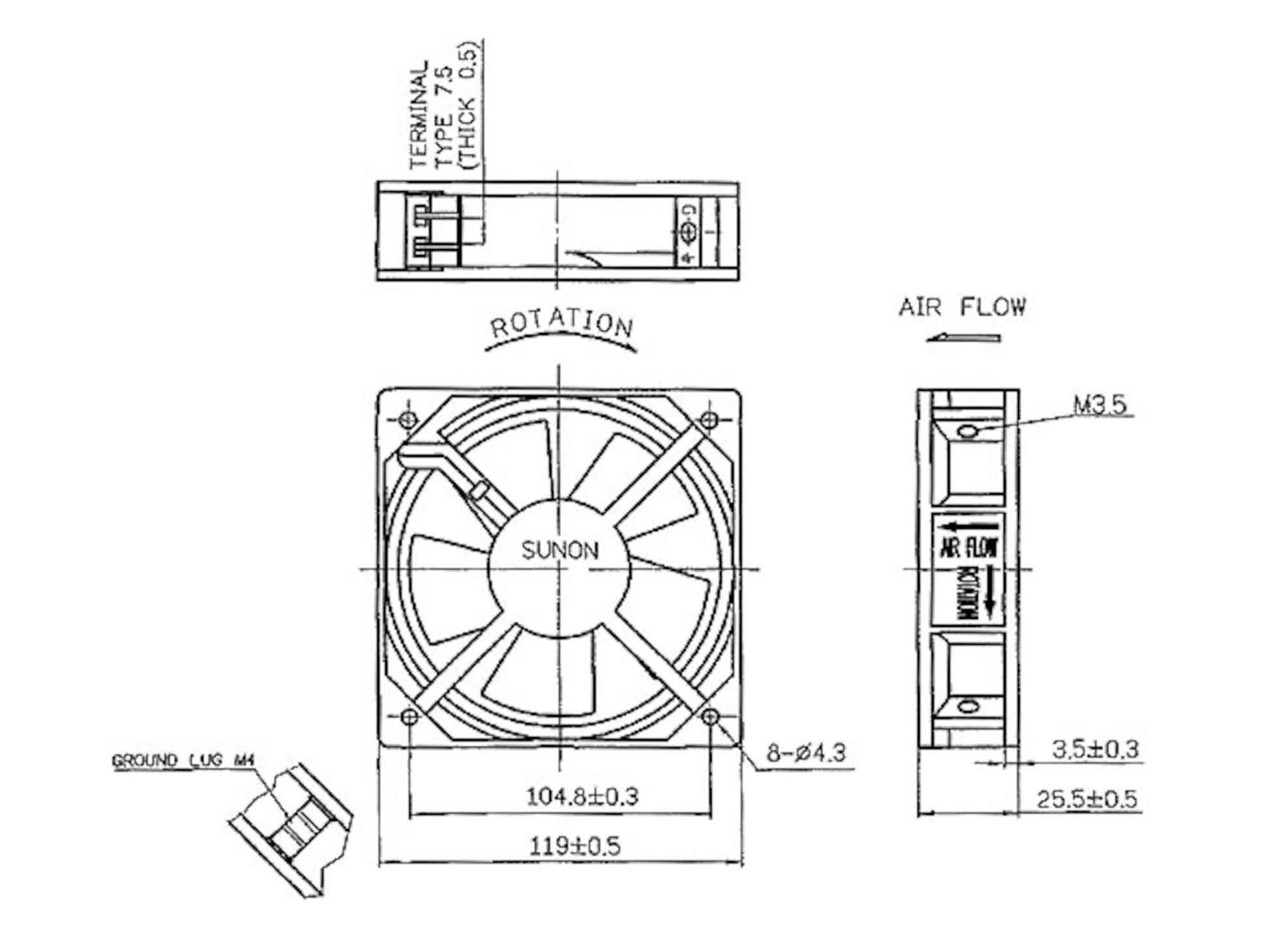 Aksialventilator 230V 120mm i aluminium, teknisk tegning med mål, rotationsretning, luftstrøm, terminaltype og monteringshuller.