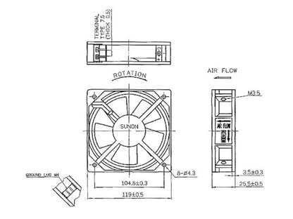 Aksialventilator 230V 120mm i aluminium, teknisk tegning med mål, rotationsretning, luftstrøm, terminaltype og monteringshuller.