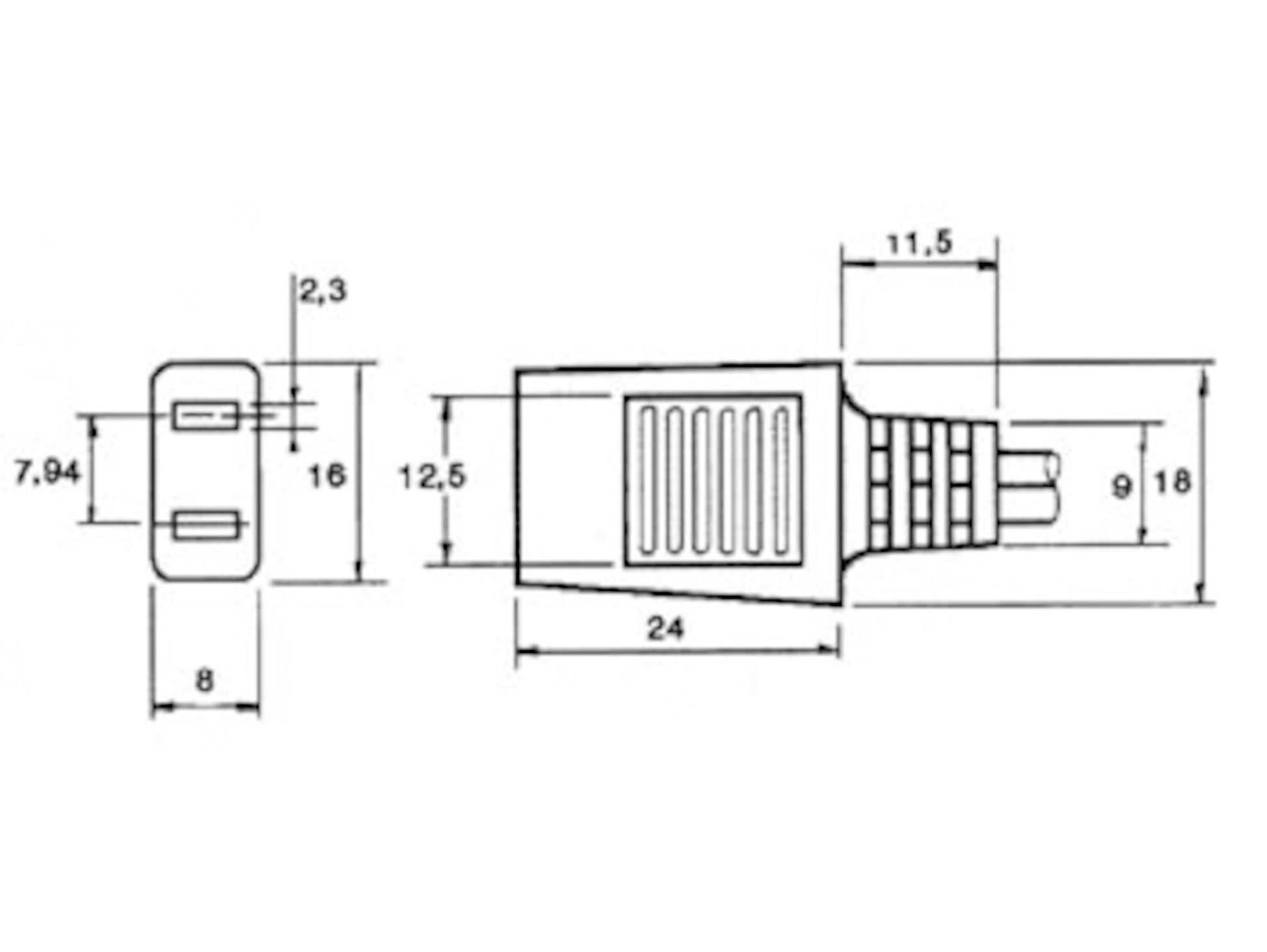 Tilslutningskabel til ventilatorer stik 230 V, 24 mm lang, 12,5 mm bred, 7,94 mm pinafstand, side- og frontvisning.