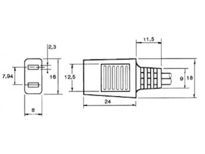 Tilslutningskabel til ventilatorer stik 230 V, 24 mm lang, 12,5 mm bred, 7,94 mm pinafstand, side- og frontvisning.