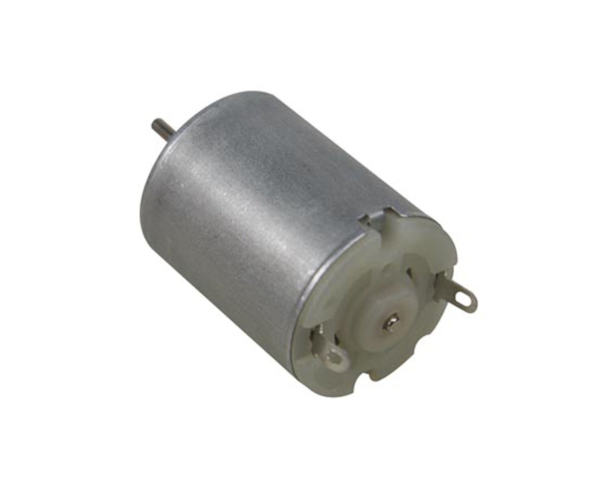 DC-motor 2,5-6 V med cylindrisk metalhus, synlig aksel og to terminaler.