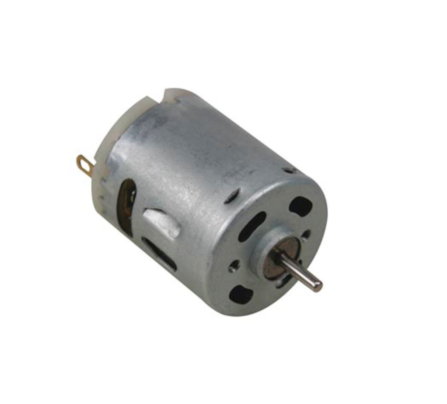 DC-motor 6-14 V, cylindrisk metalkabinet, ventilationsslidser, aksel og to terminaler.
