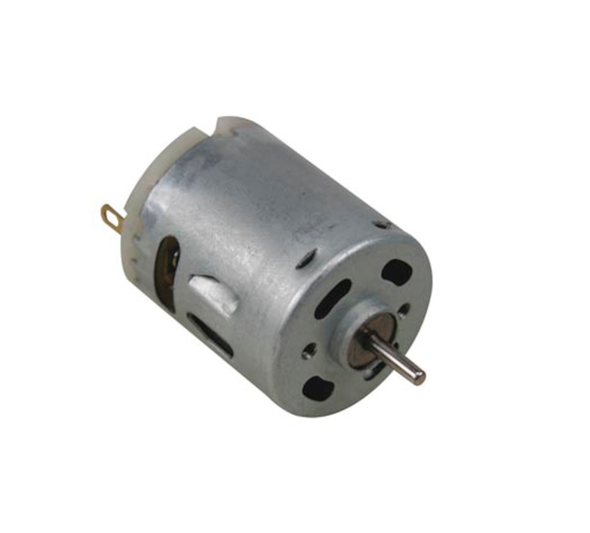 DC-motor 6-14 V, cylindrisk metalkabinet, ventilationsslidser, aksel og to terminaler.