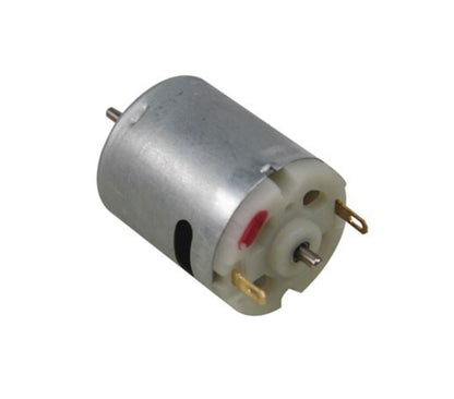 DC-motor 6-14 V cylindrisk med metalhus, hvid plastkappe, to metalterminaler, roterende aksler i begge ender.