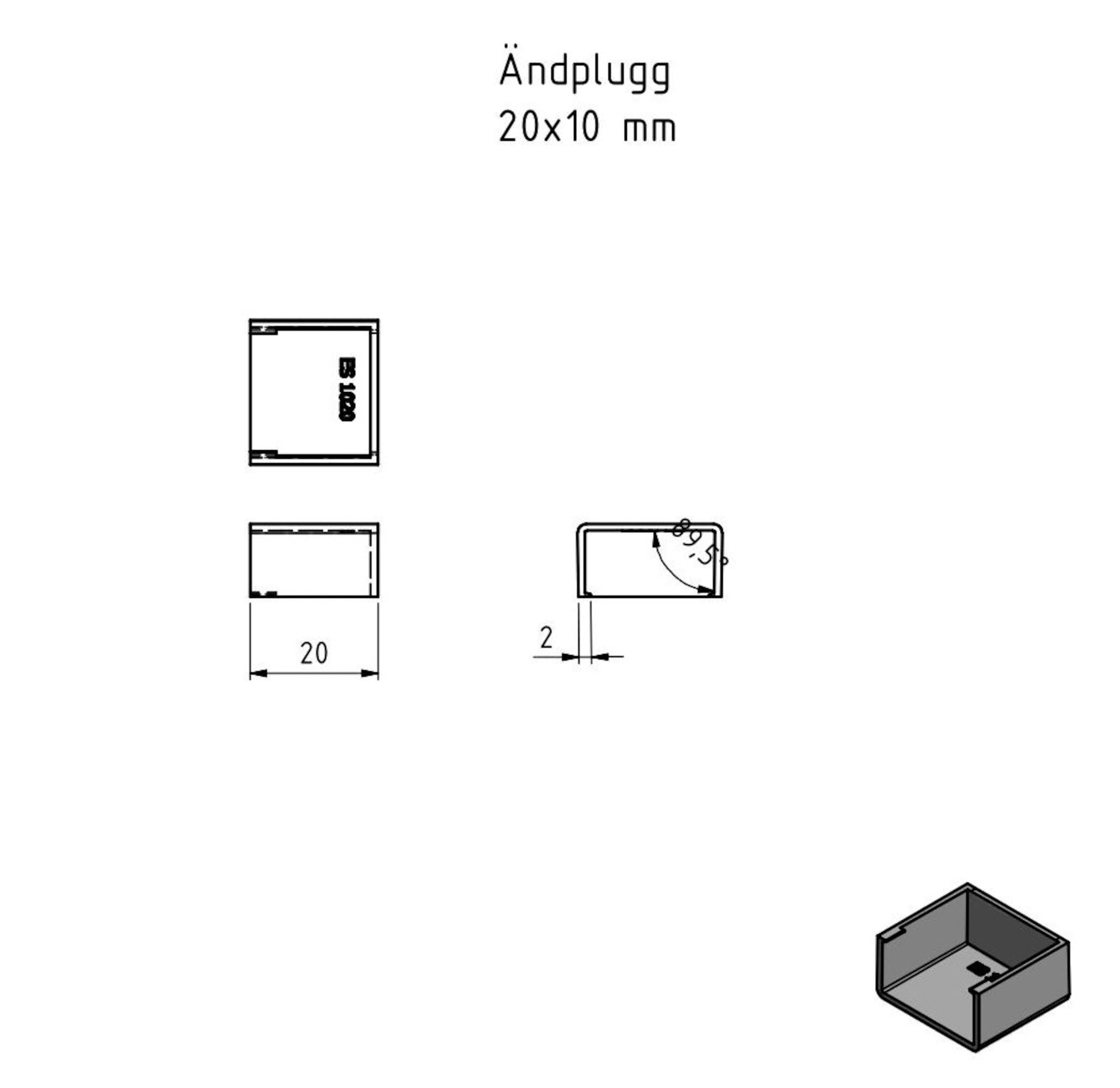 Endeprop til kabelkanal 20x10 mm, mål 20x10x2 mm, teknisk tegning med flere vinkler og 3D hjørneperspektiv.