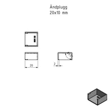Endeprop til kabelkanal 20x10 mm, mål 20x10x2 mm, teknisk tegning med flere vinkler og 3D hjørneperspektiv.