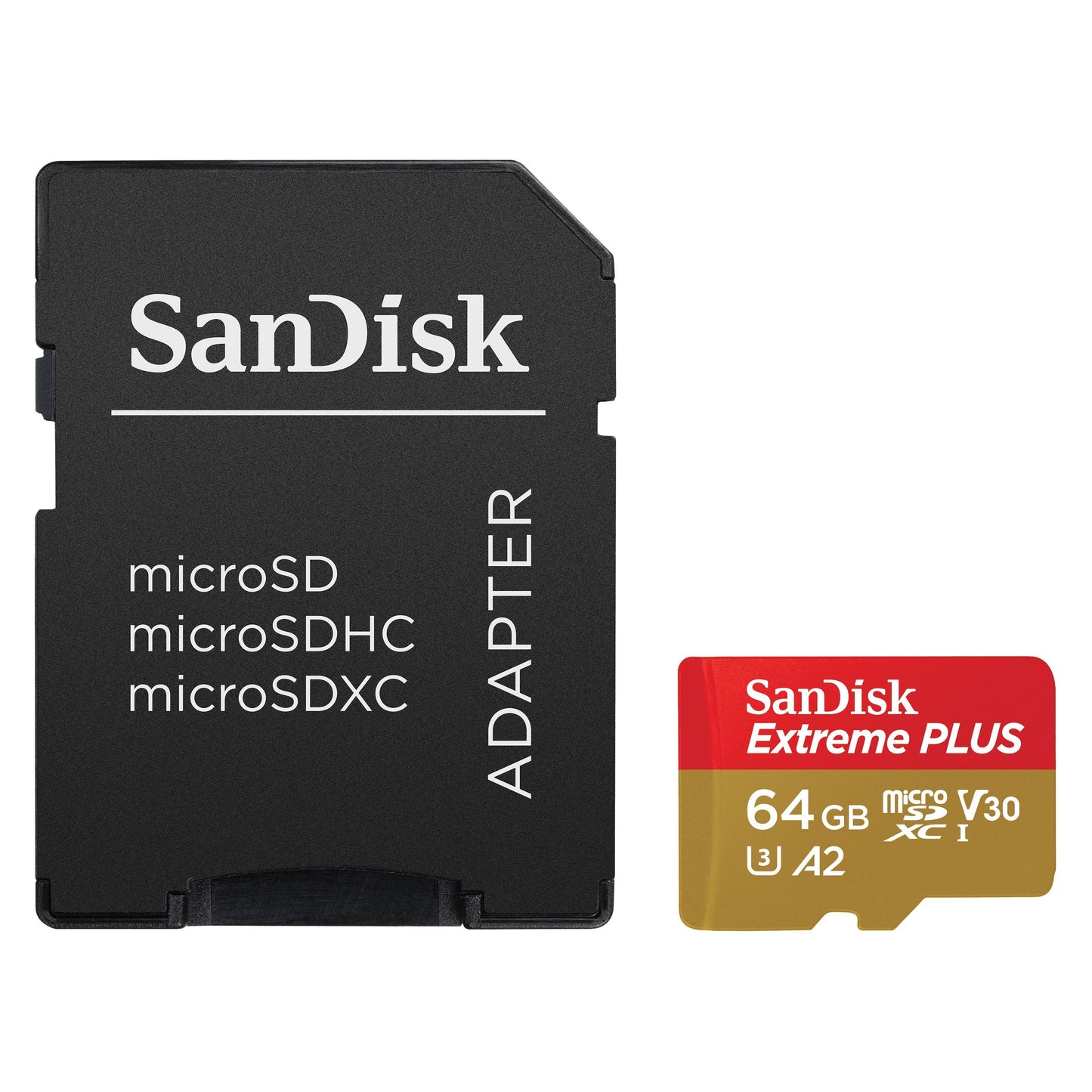 SanDisk Extreme Plus microSD-kort 64 GB med rød og guld SanDisk microSD-adapter.