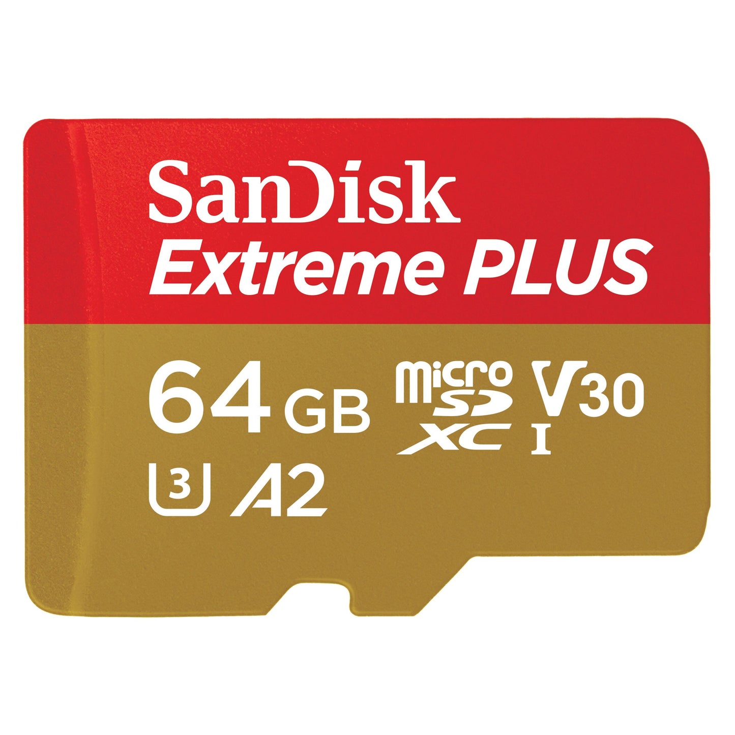 SanDisk Extreme Plus MicroSDXC 64GB U3 A2 V30, rødt og guld kort med hvid tekst.