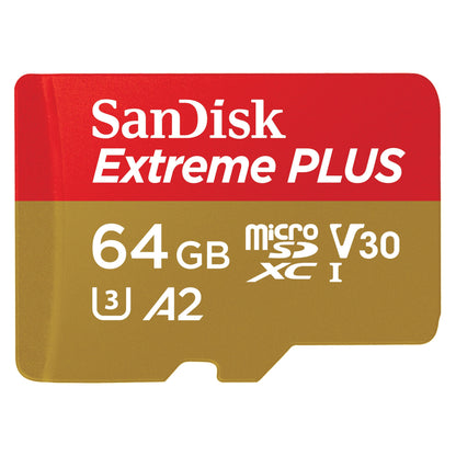 SanDisk Extreme Plus MicroSDXC 64GB U3 A2 V30, rødt og guld kort med hvid tekst.