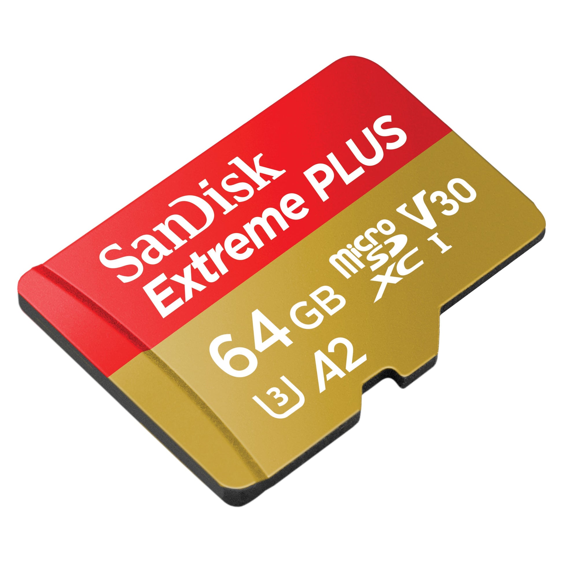 Sandisk Extreme Plus MicroSD 64GB rød/guld med A2, V30, U3 og XC I-hastighedsklassificeringer.