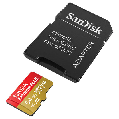 SanDisk Extreme Plus microSD-kort 64GB med sort SanDisk adapter til microSD, microSDHC og microSDXC.