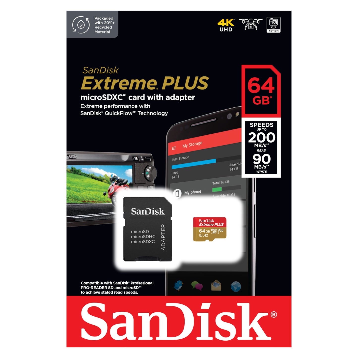 SanDisk Extreme Plus MicroSD-kort 64GB, 4K UHD support, op til 200MB/s læse, 90MB/s skrive, QuickFlow Technology.