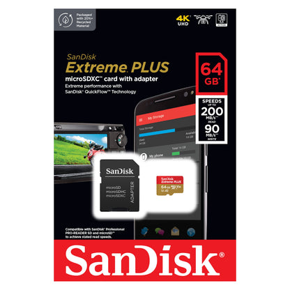 SanDisk Extreme Plus MicroSD-kort 64GB, 4K UHD support, op til 200MB/s læse, 90MB/s skrive, QuickFlow Technology.
