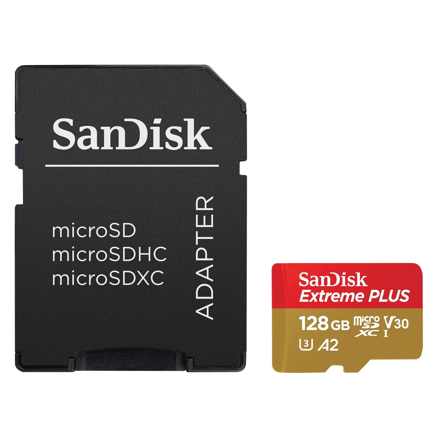 SanDisk Extreme Plus MicroSD-kort 128GB og microSD-adapter i rød/gul design med Sandisk-logo.