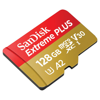 Sandisk Extreme Plus MicroSD-kort 128GB U3 A2 V30 XC I rød/guld.