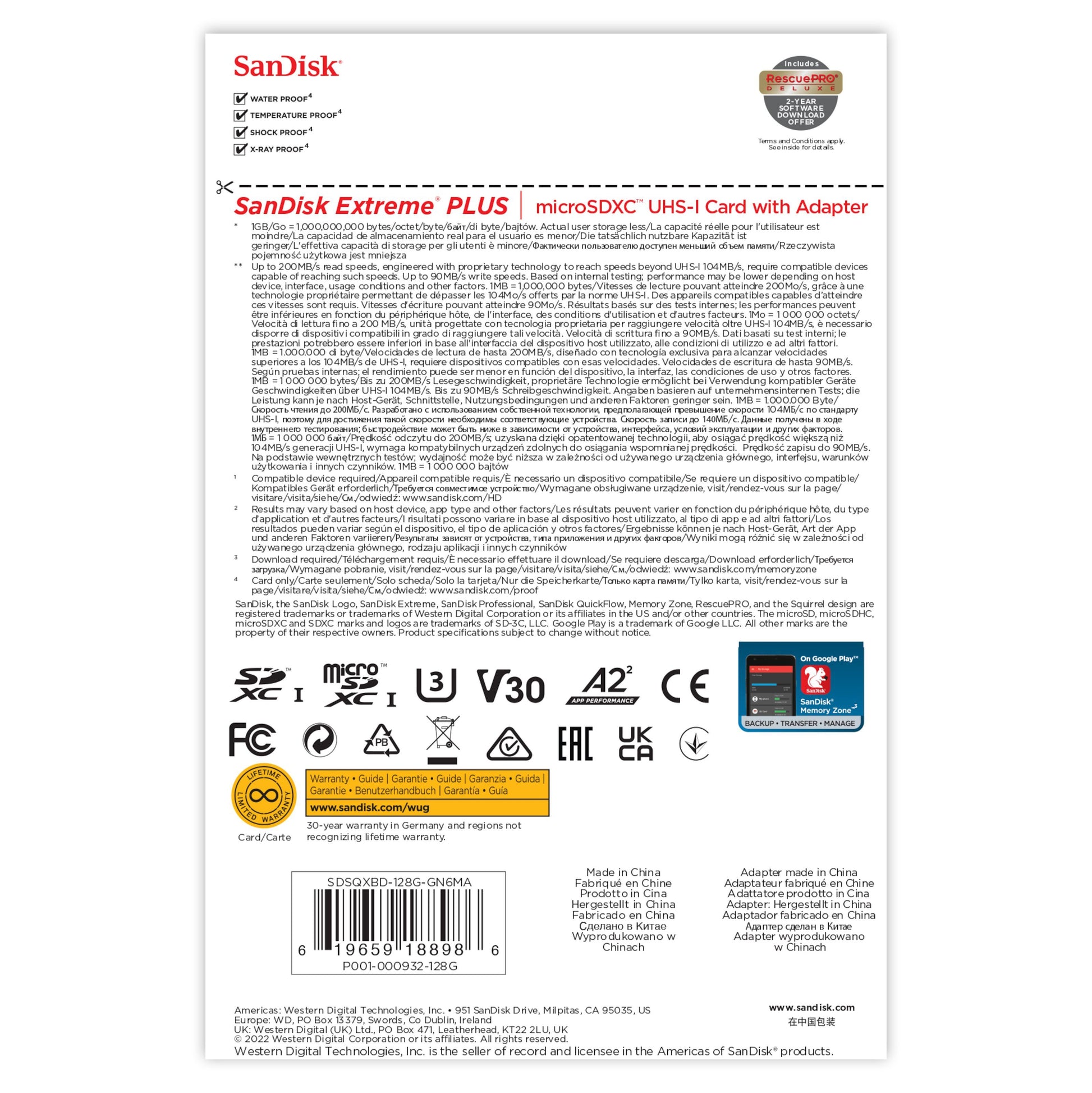 Sandisk Extreme Plus Micro-SD-kort 128GB bagside med produktoplysninger, specifikationer, garanti, certifikater og stregkoder.