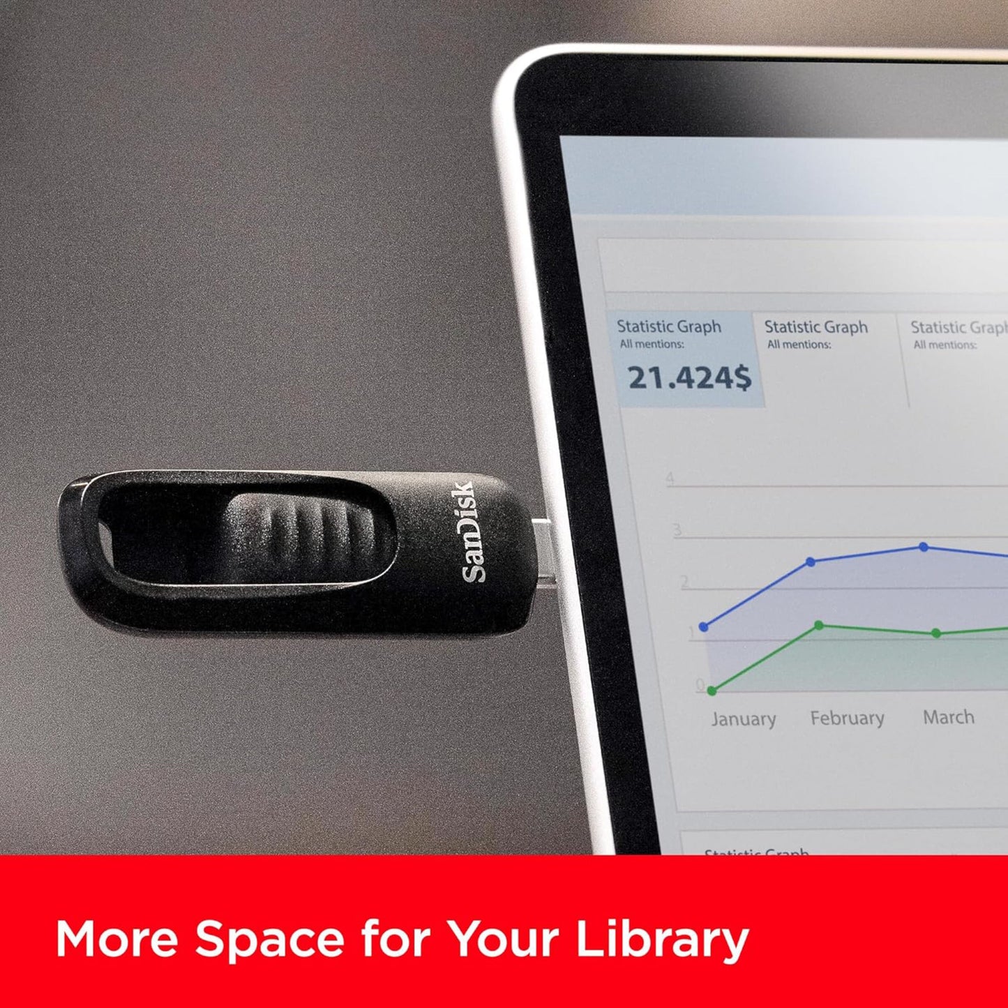 SanDisk Ultra Slide USB-nøgle USB-C 64GB tilsluttet laptop med statistiske grafer, tekst "Mere plads til dit bibliotek.