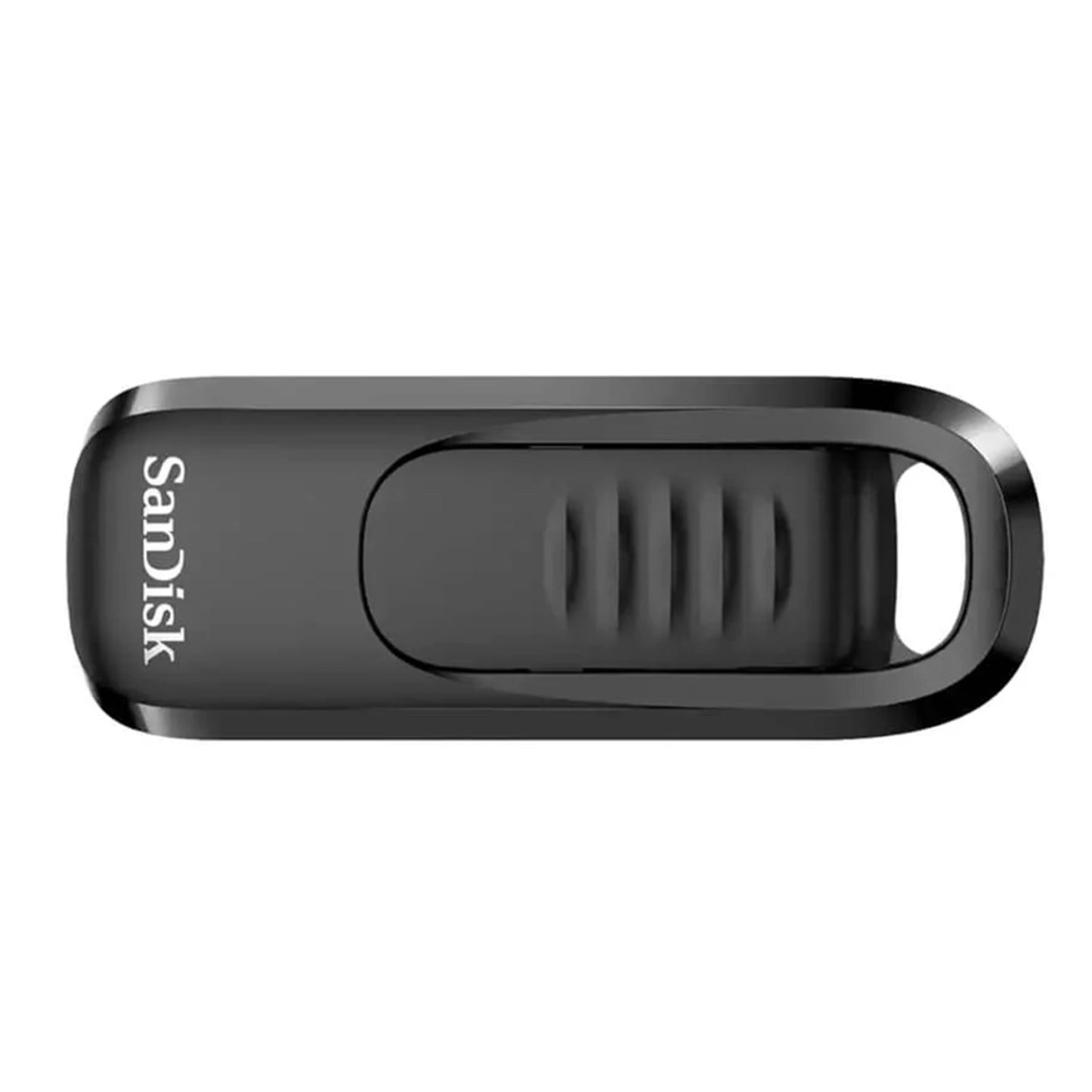 SanDisk Ultra Slide USB-nøgle USB-C 64 GB, udtrækkeligt stik, rillet skydeknap, nøglehul.