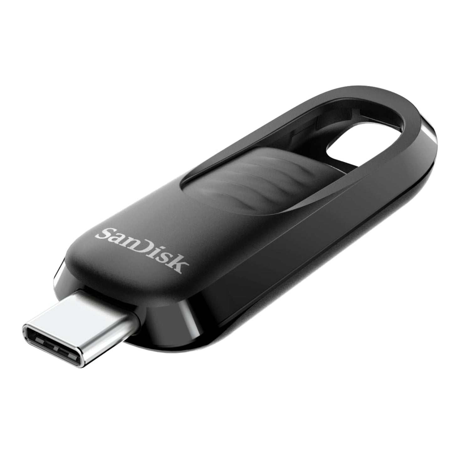 Sandisk Ultra Slide USB-nøgle 128 GB med USB-C, skydemekanisme og nøglehulsudskæring.