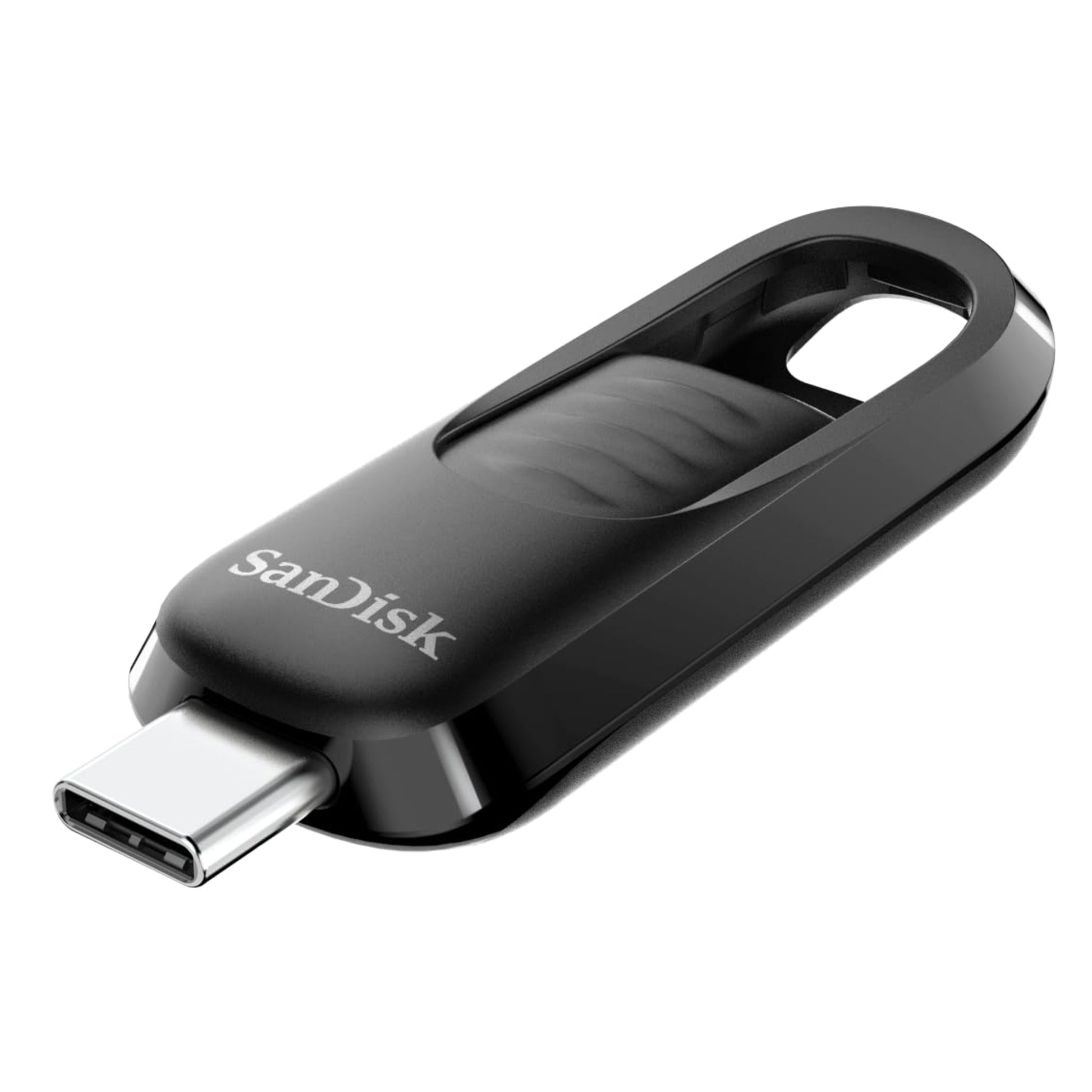Sandisk Ultra Slide USB-nøgle 128 GB med USB-C, skydemekanisme og nøglehulsudskæring.