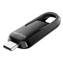 Sandisk Ultra Slide USB-nøgle 128 GB med USB-C, skydemekanisme og nøglehulsudskæring.