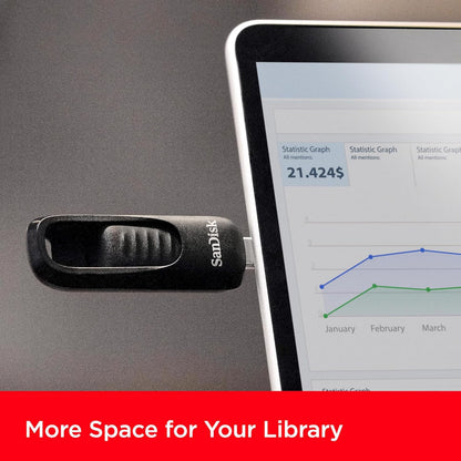 SanDisk Ultra Slide USB-nøgle USB-C 128GB sort tilsluttet tablet med grafer, tekst "More Space for Your Library" på rød bund.