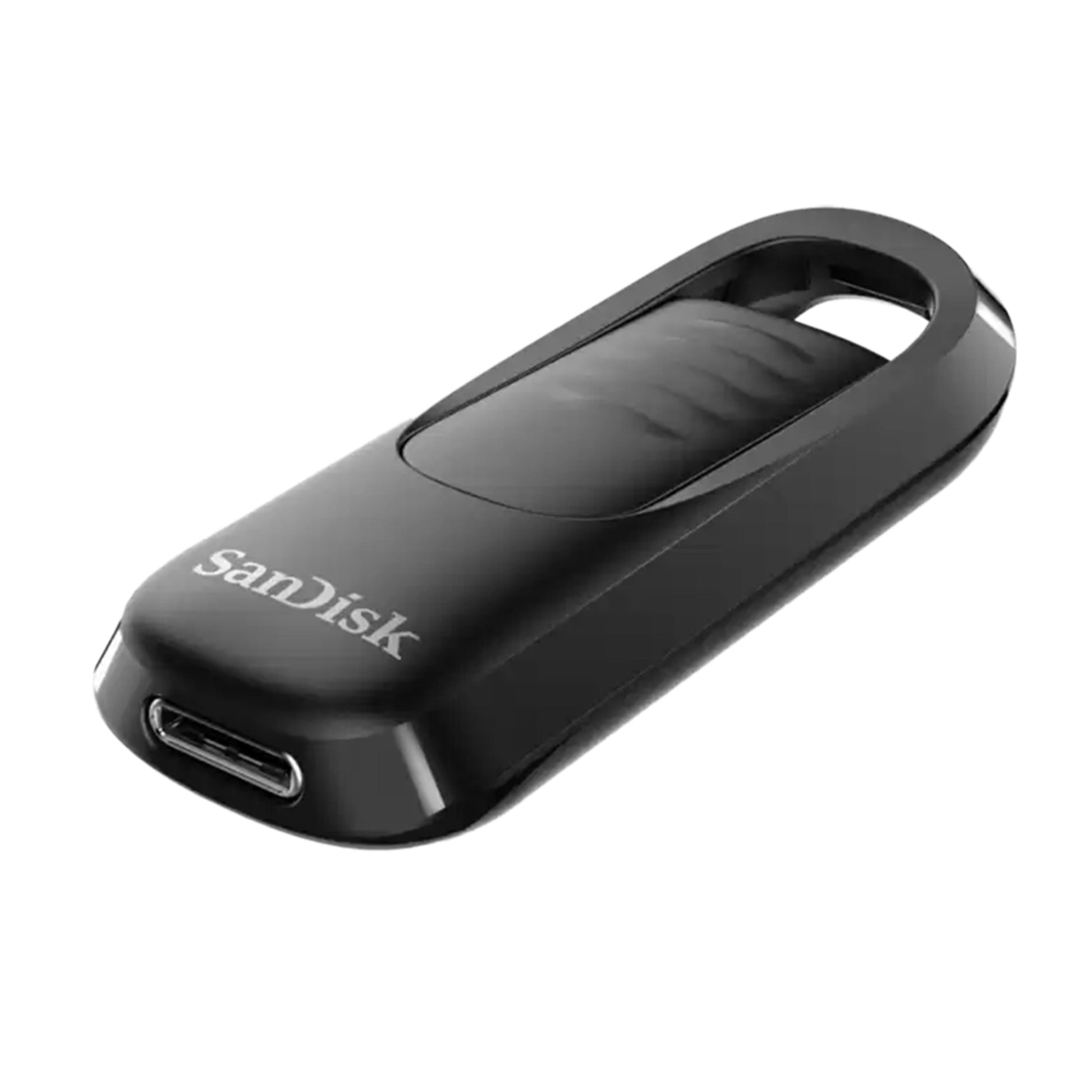 Sandisk Ultra Slide USB-nøgle 128 GB, USB-C, sort, udtrækkelig, blank overflade og nøglering.