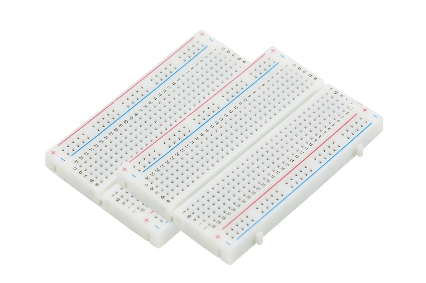 Luxorparts Koblingsdæksel breadboard 400 forbindelser 2-pak, hvid plast, flere rækker huller og blå/rød strømskinne.