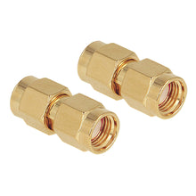 RP-SMA han til SMA han adapter 2-pak guld-farvet, bruges til antenne eller WiFi, liggende parallelt.