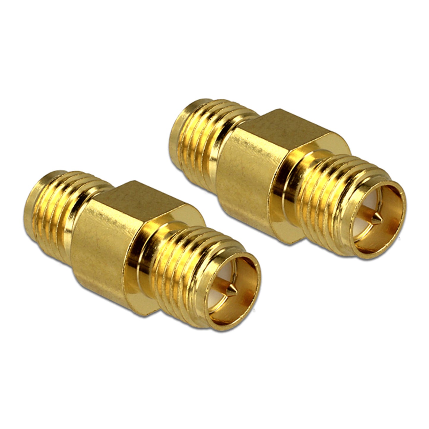 RP-SMA hun til SMA hun adapter 2-pak, guld, cylindrisk med sekskant til fastgørelse.