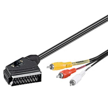 Scart til RCA-adapterkabel 2 m sort med tre RCA-stik (gul video, rød/hvid lyd) understøtter to-vejs signal.