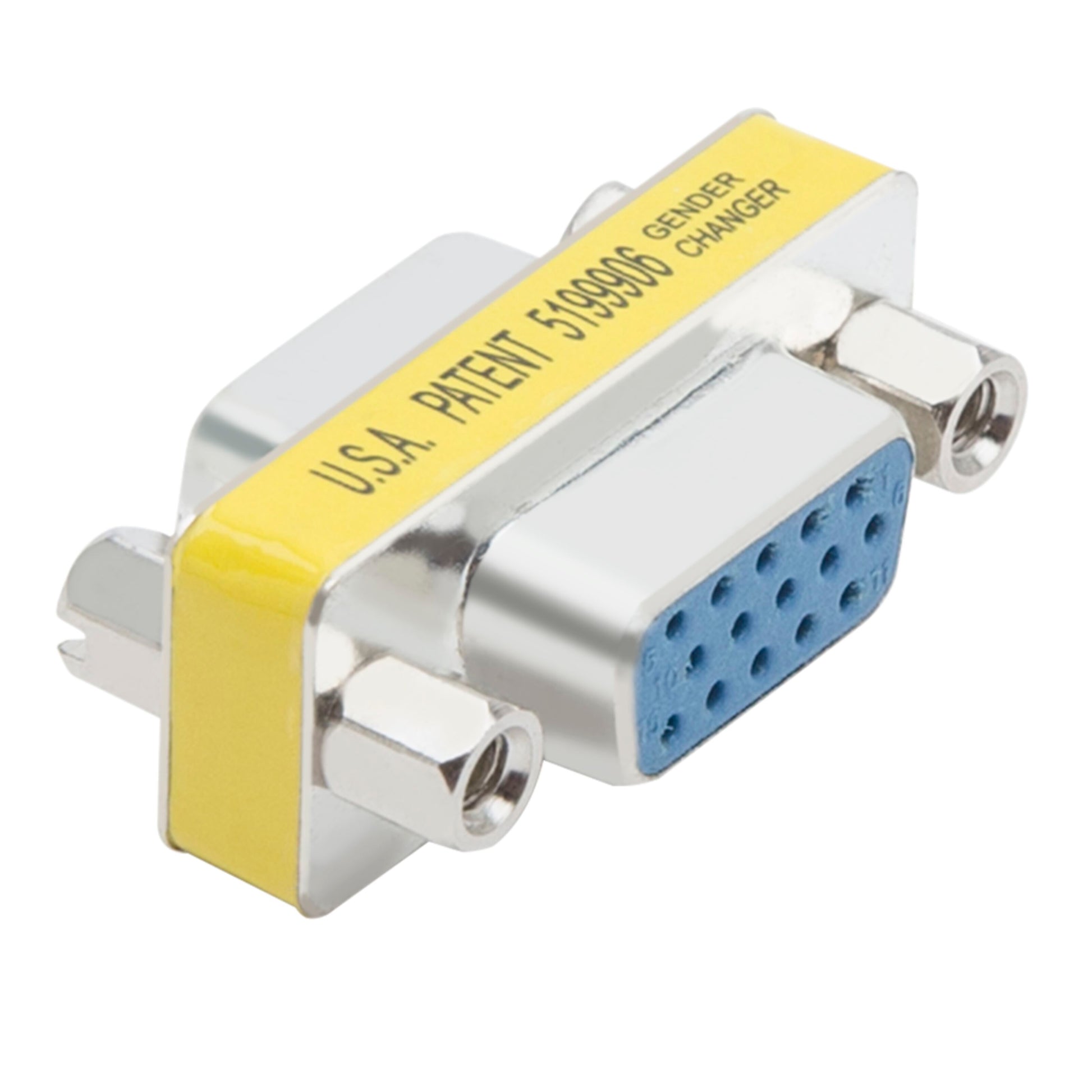 Luxorparts VGA-adapter HD15 dobbelt hun, sølv, med HD15 female port og gul U.S.A. PATENT 5199906 label.
