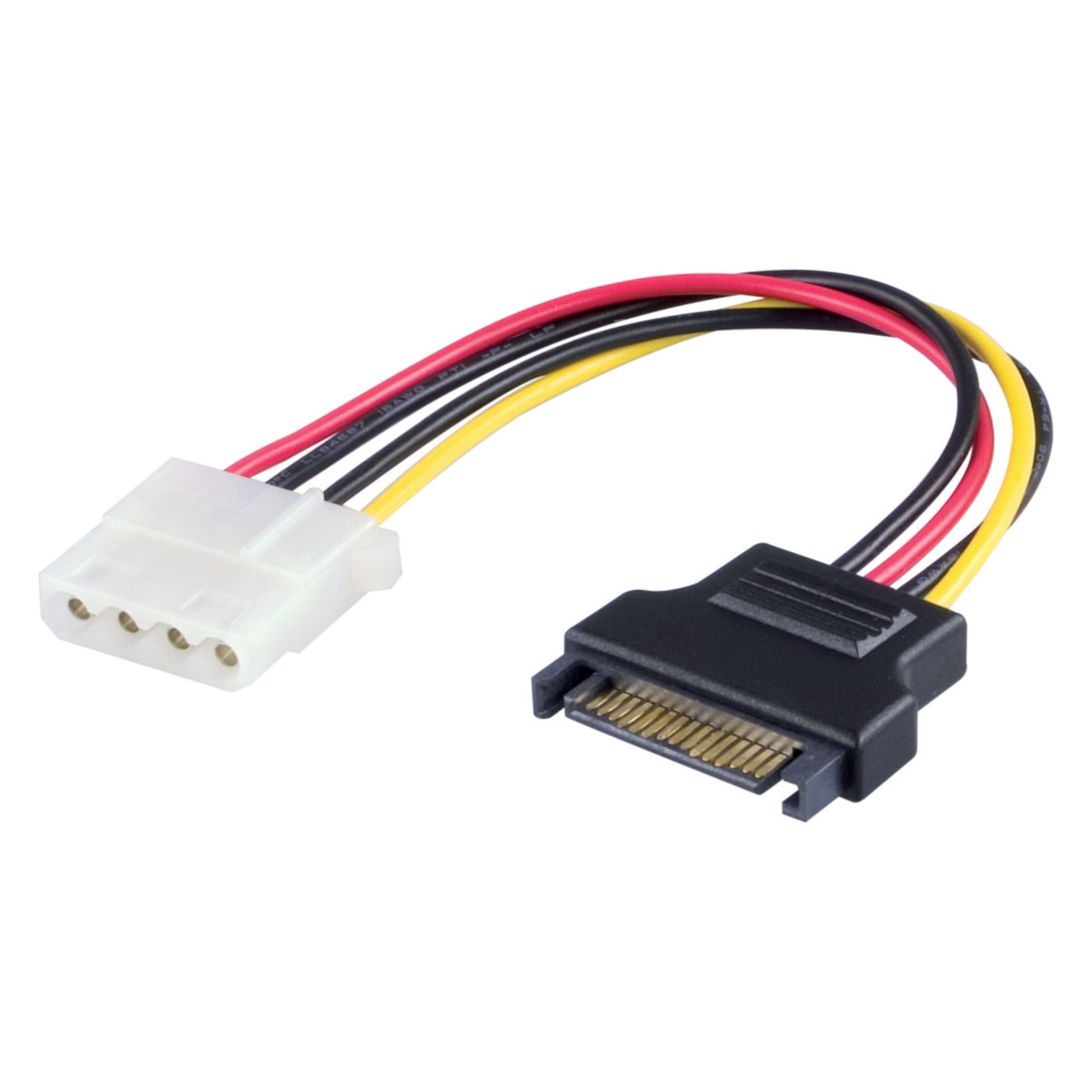Luxorparts SATA-strømadapter 4-pin Molex til sort 15-pin SATA med sorte, røde og gule ledninger.