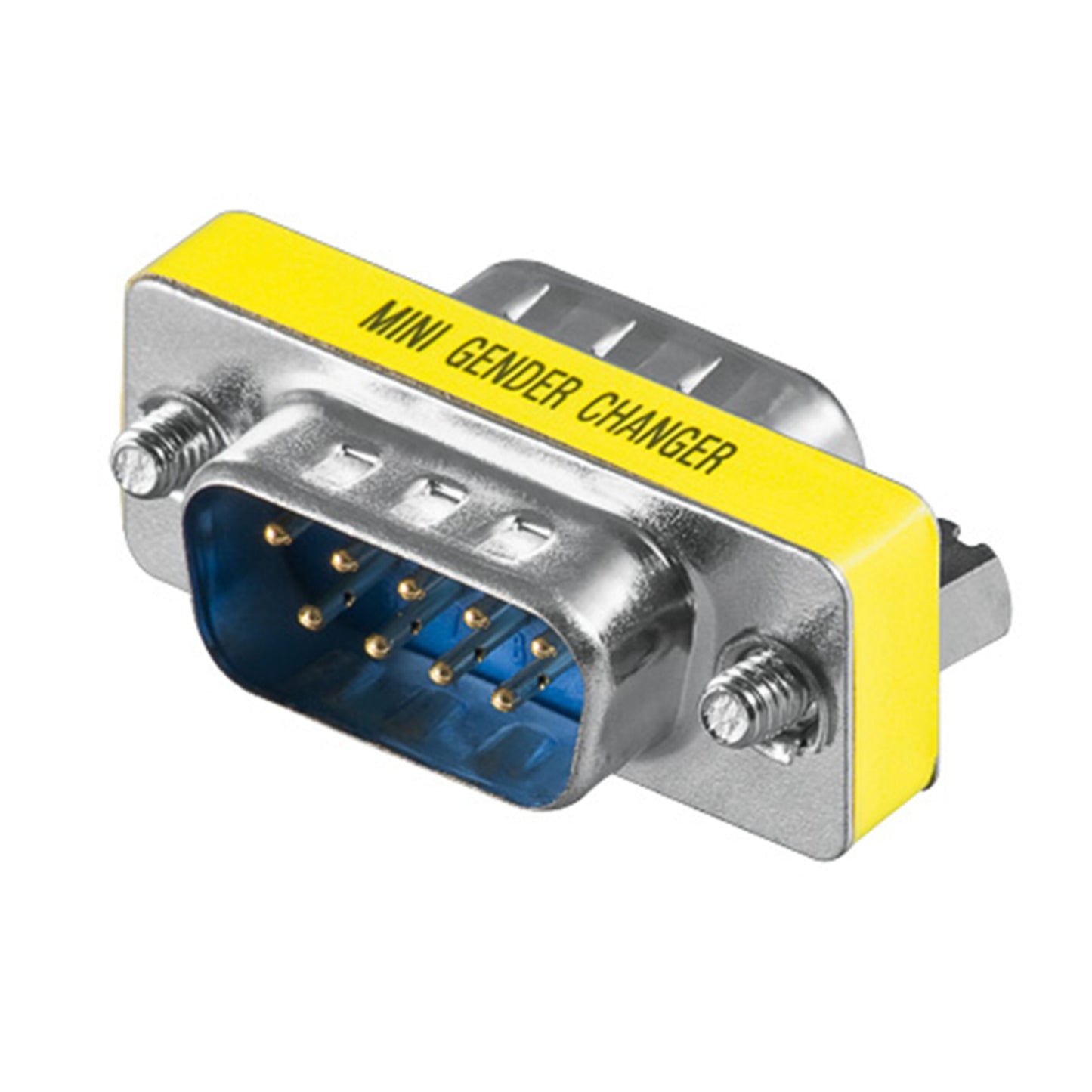 Luxorparts DB9-adapter til seriel kabel 9-polet dobbelt hanstik, metalhus, gul label med teksten MINI GENDER CHANGER.